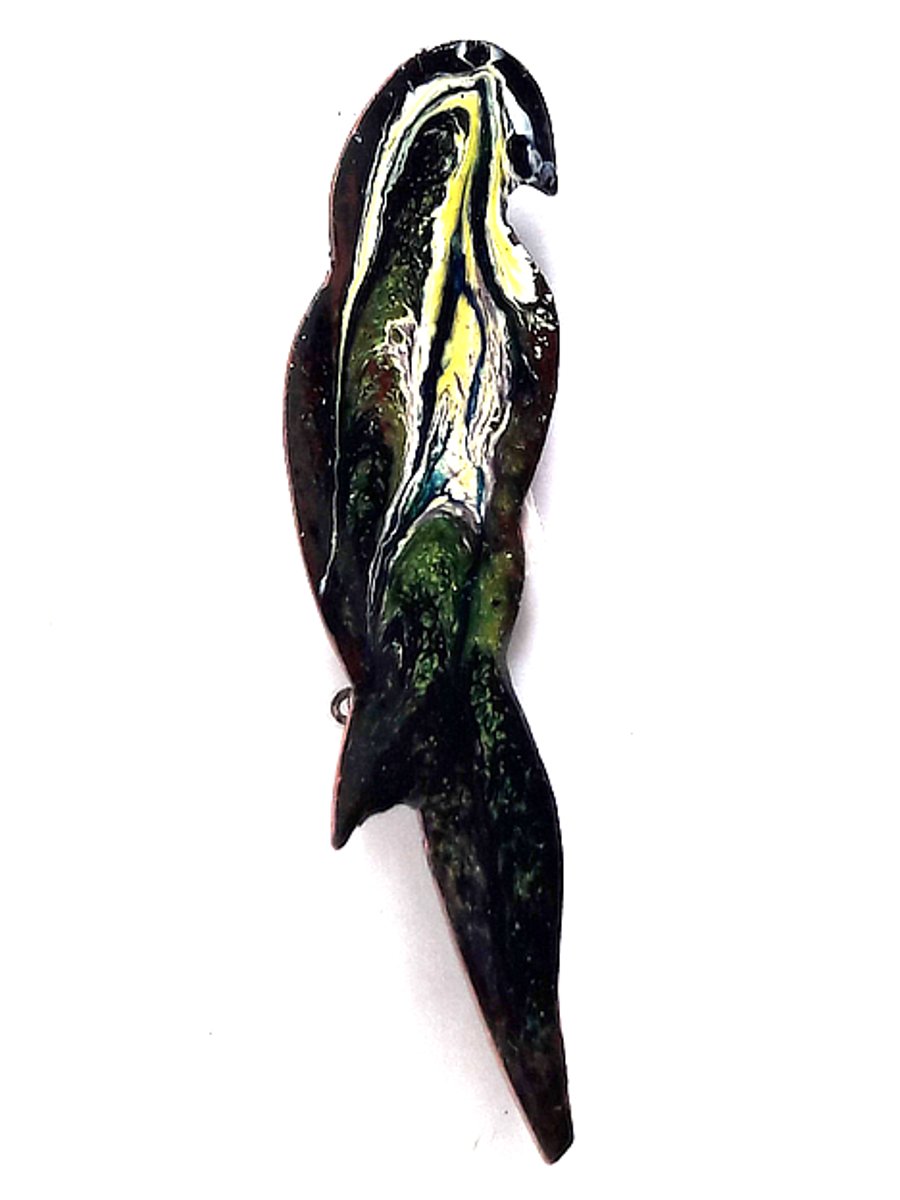 brooch - parrot, scrolled dark blue, green, gold and white on clear enamel
