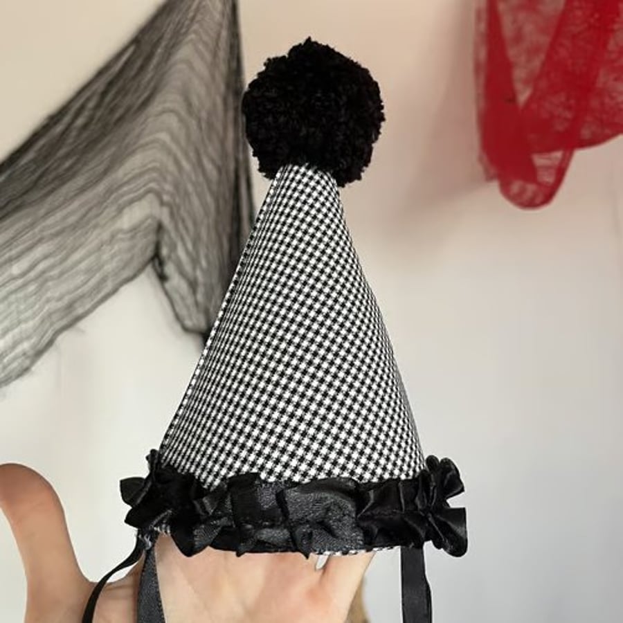 Handmade Gingham Black & White Clown Hat 