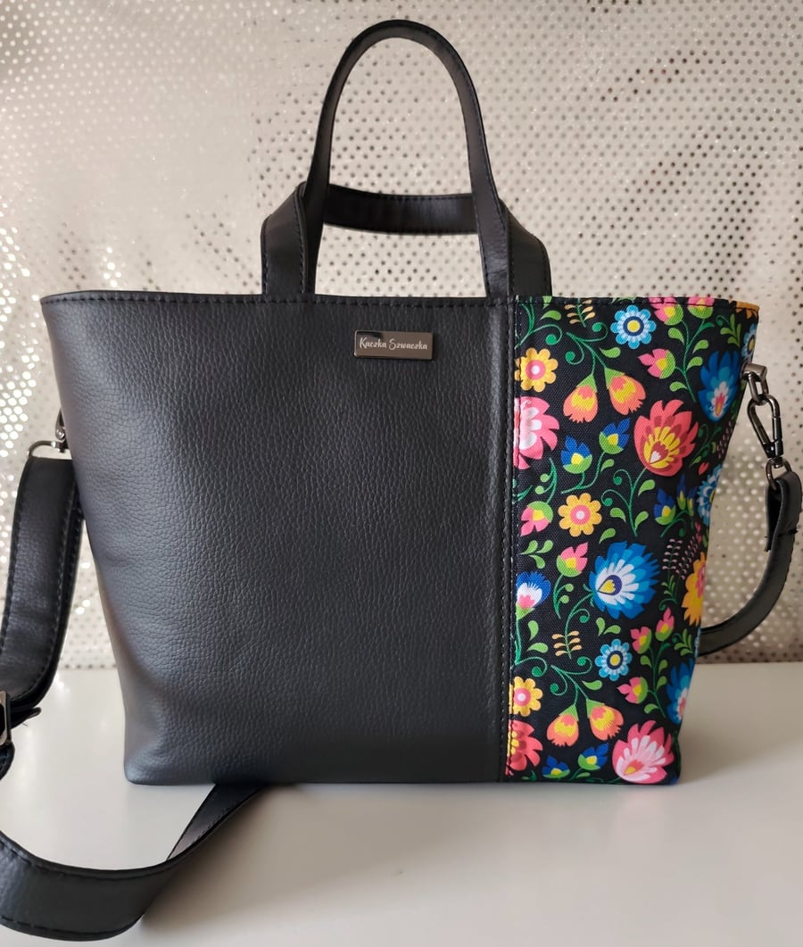 Handmade Everyday Tote Bag - Folk Floral & Black