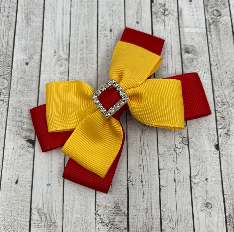 School Red and Yellow Gold Double Layer Bow on Clip