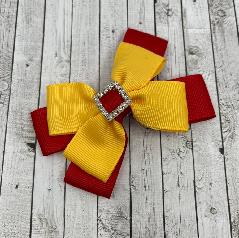 School Red and Yellow Gold Double Layer Bow on Clip