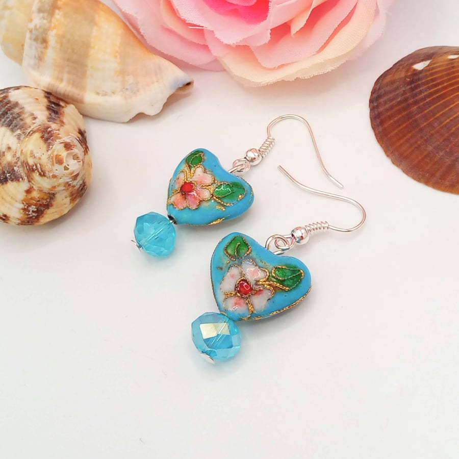 Pale Blue Heart Shaped Cloisonne Bead and Crystal Earrings for Pierced Ears