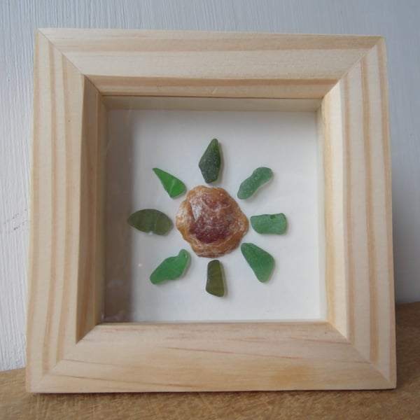 Green Cornish Sea Glass & Purple Oyster Shell Flower Picture P116