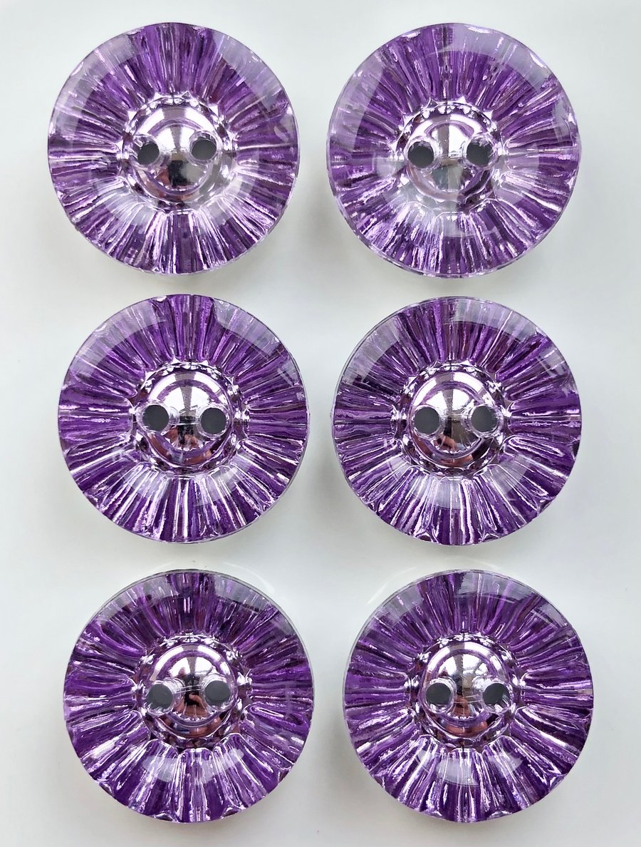 6 Crystal Style Dish Buttons, Lilac, 13mm Wide, Sparkly, Acrylic, Silver Back