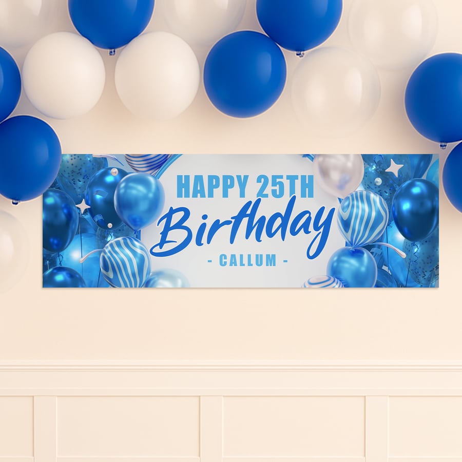 Personalised Blue Balloon Birthday Banner: Custom Party Decoration for Him 