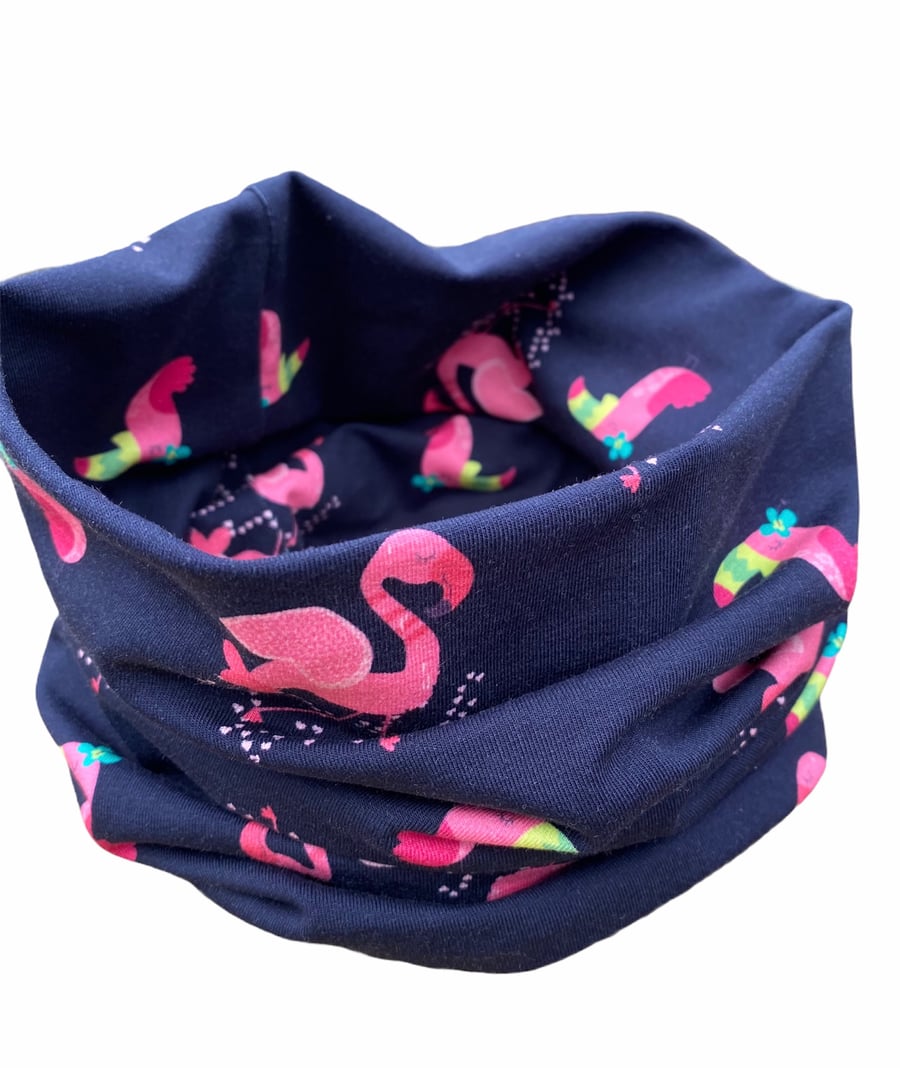 Navy Snood with Pink Flamingos and Toucans (Small Adult-Teen Size available)