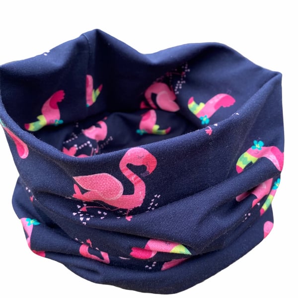 Navy Snood with Pink Flamingos and Toucans (Small Adult-Teen Size available)