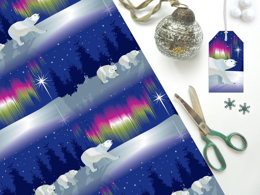 Polar Bear and Northern Lights Christmas Gift Wrap - Eco Friendly, Compostable