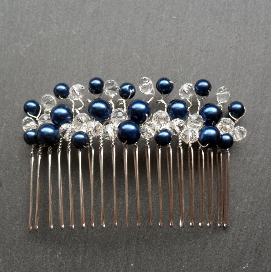SALE Hair Comb With Navy Blue Glass Pearls and Crystals