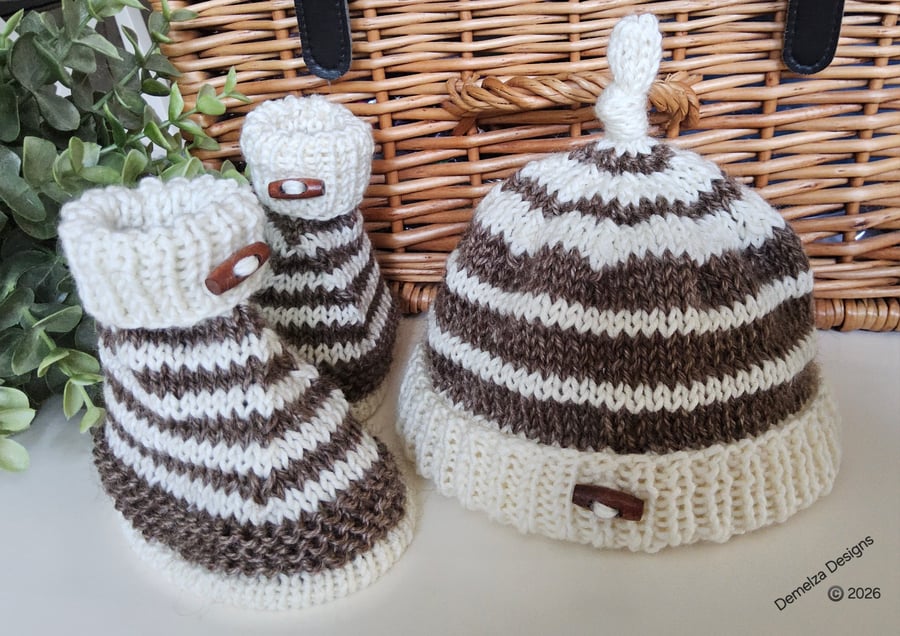 Designer Baby Merino Wool Booties & Hat Gift Set 0-3 months size