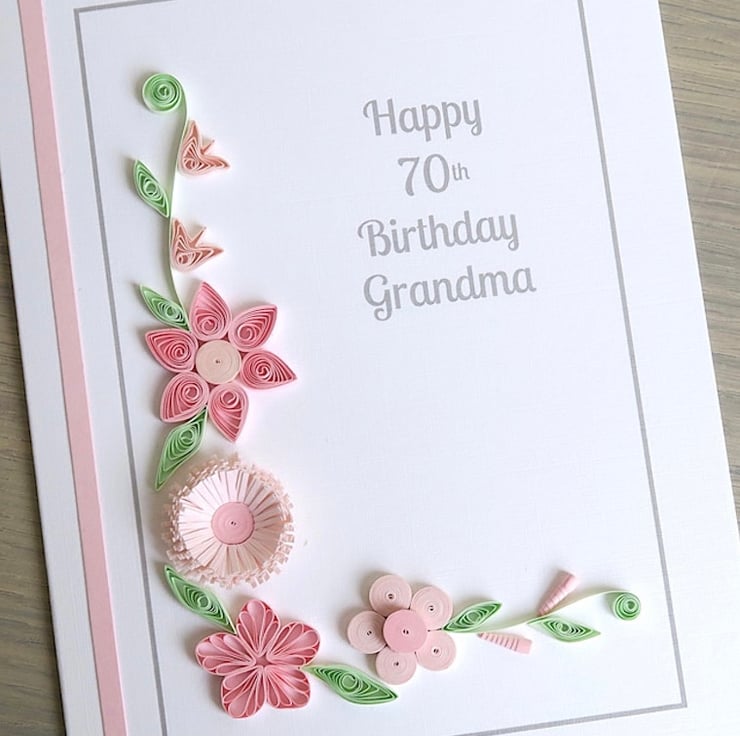 Handmade 70th birthday card with pink quilled f... - Folksy