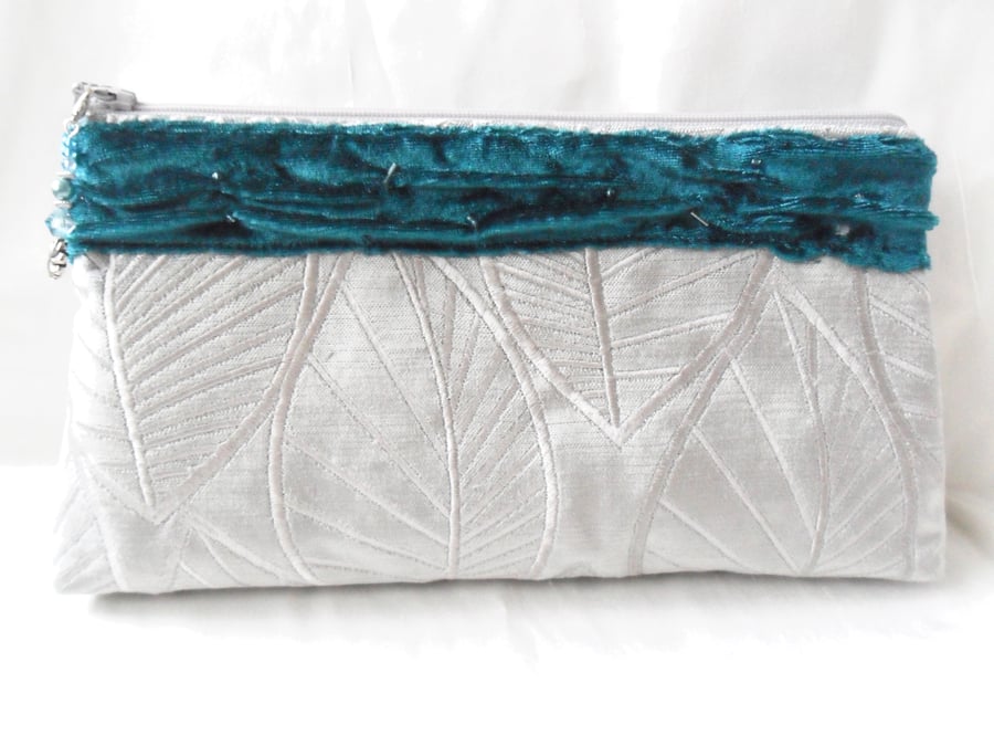 Velvet clutch in silver grey and Teal