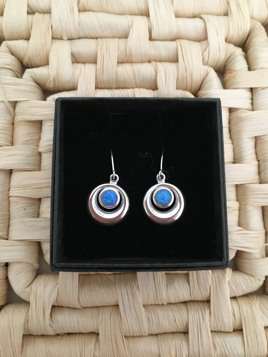 Dainty Double Circle Drop Earrings with Faux Opal Centre