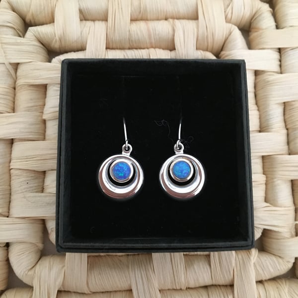 Dainty Double Circle Drop Earrings with Faux Opal Centre