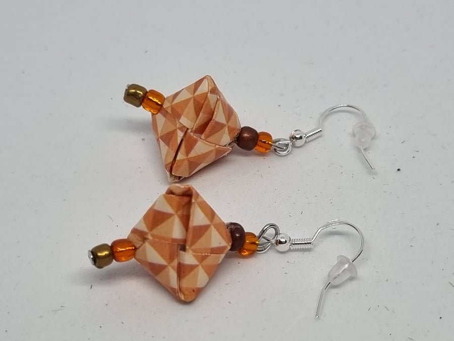 Origami earrings: orange brown geometric paper and small beads