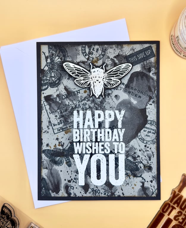 Handmade Birthday Card, Moth and Vintage Grunge Design, Unique, Steampunk