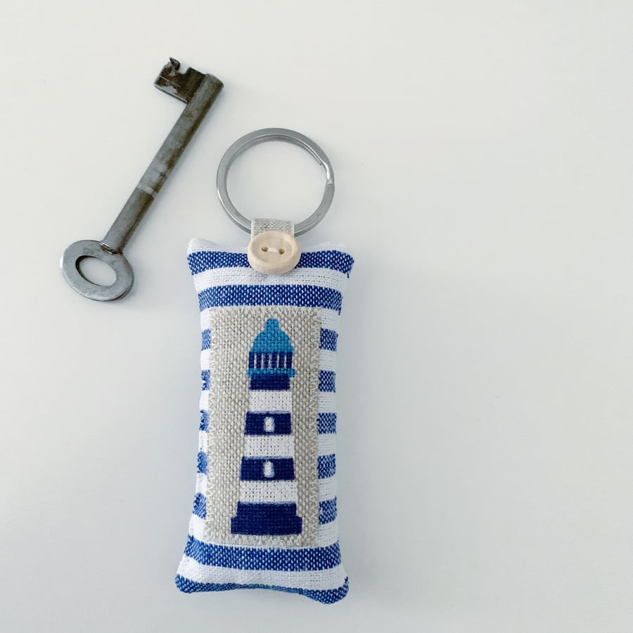 LIGHTHOUSE KEY RING - blue and white stripes, lavender or padded