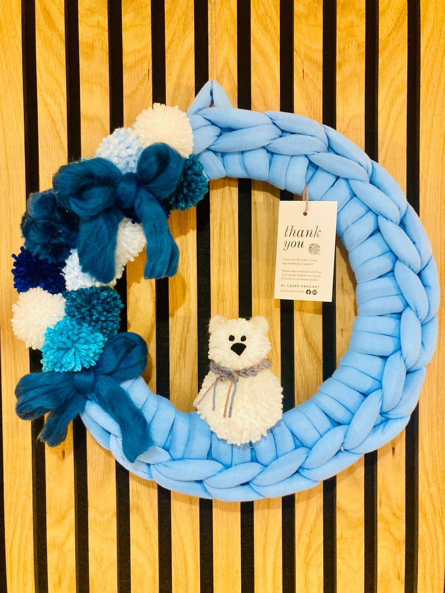 Woollen chunky hand crochet and pompom new baby wreath