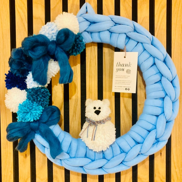 Woollen chunky hand crochet and pompom new baby wreath