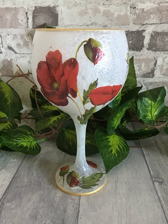 Poppy Decoupaged Gin glass. Tea light holder.