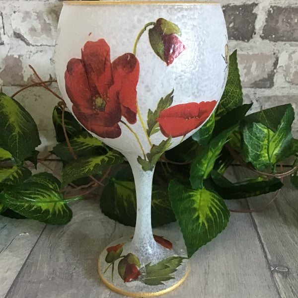 Poppy Decoupaged Gin glass. Tea light holder.