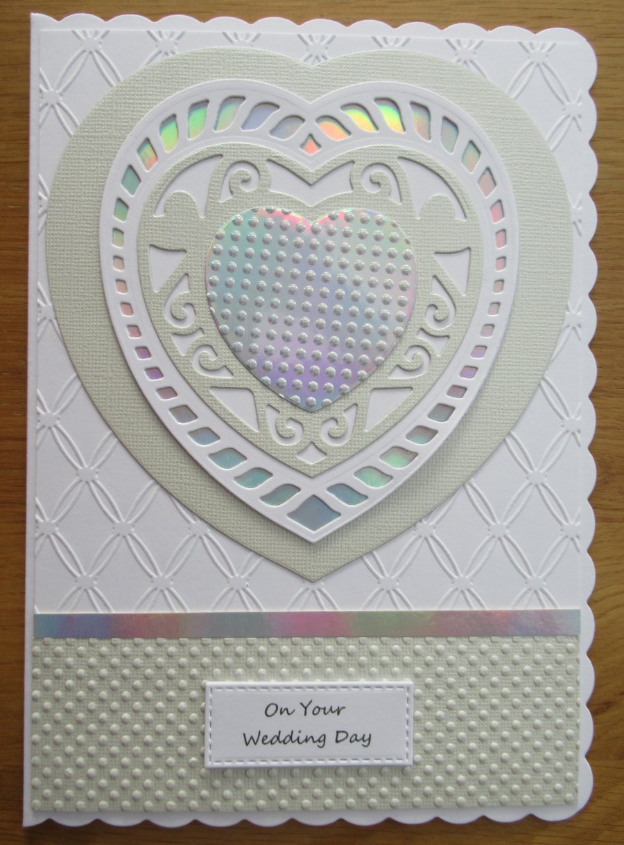 Layered Heart - A5 Wedding Card - Beige & White