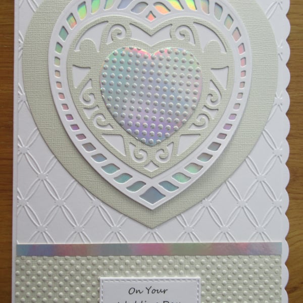 Layered Heart - A5 Wedding Card - Beige & White