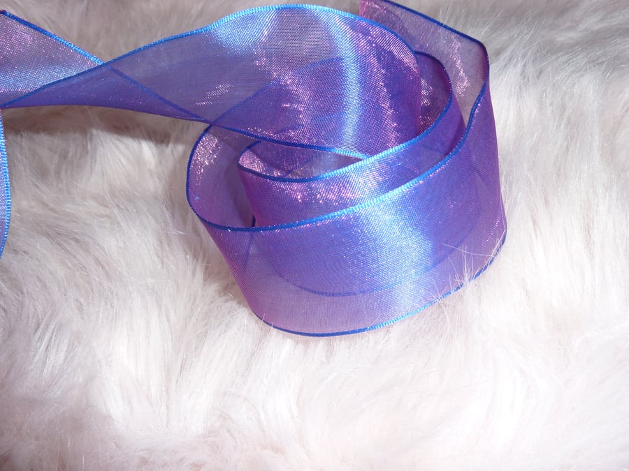 1 Metre Wire Edged Ribbon Xmas 38mm Purple & Blue Two Tone
