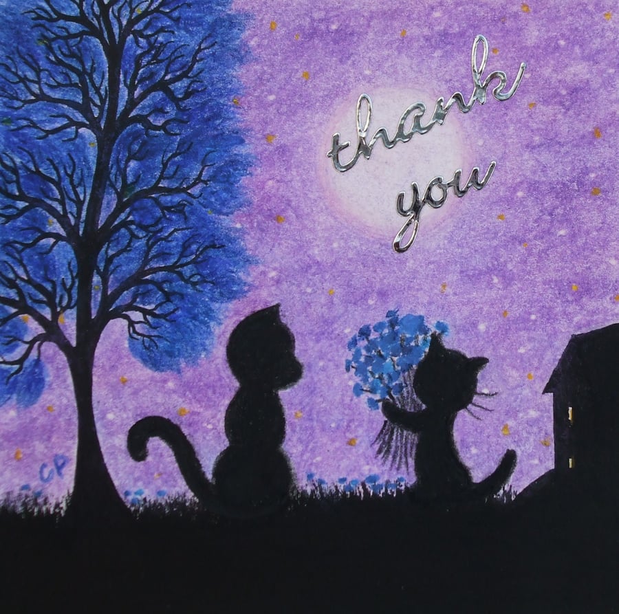 Thank You Card, Cat Flower Card, Teacher Thank You Card, Purple Kitten Art Card