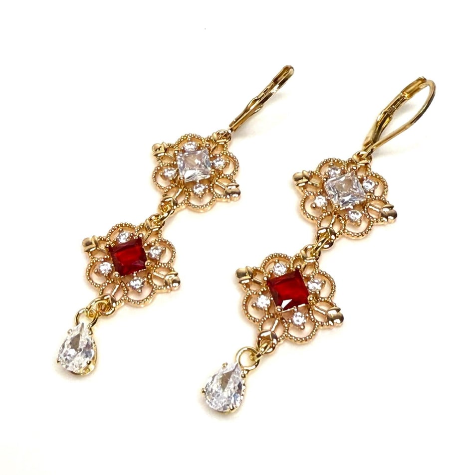 Ruby Red Crystal Earrings, Regency Bridgerton Style