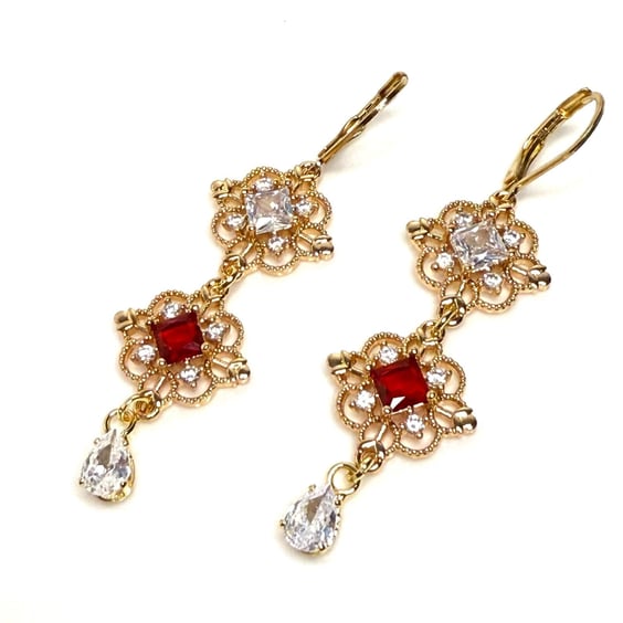 Ruby Red Crystal Earrings, Regency Bridgerton Style