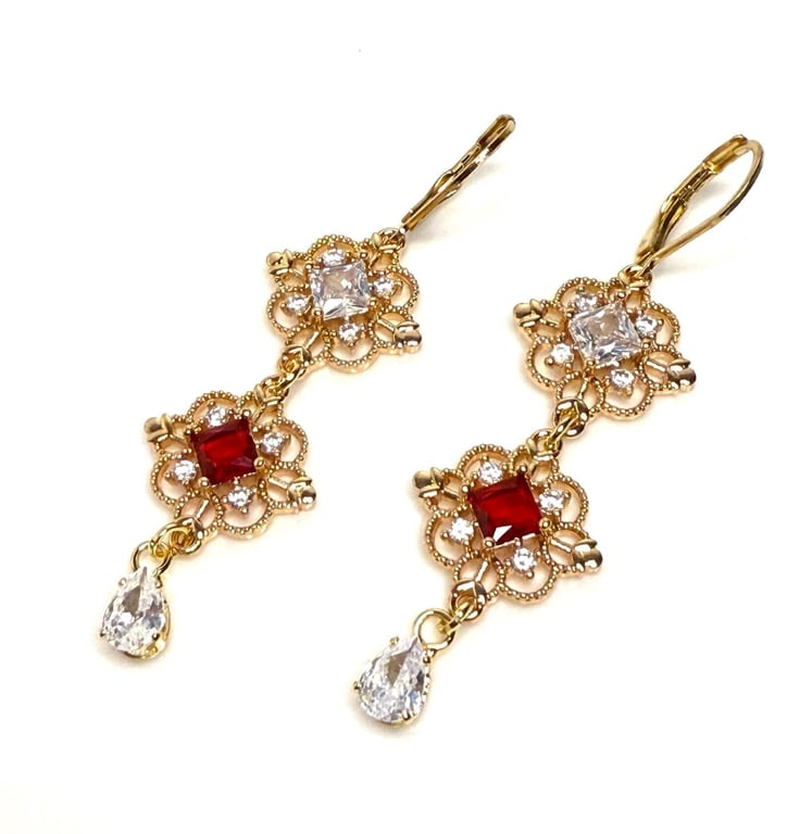 Ruby Red Crystal Earrings, Regency Bridgerton Style