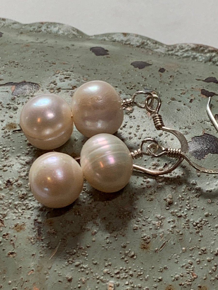  White Baroque Pearl and sterling silver earrings.  Handmade  - FREE UK POSTAGE