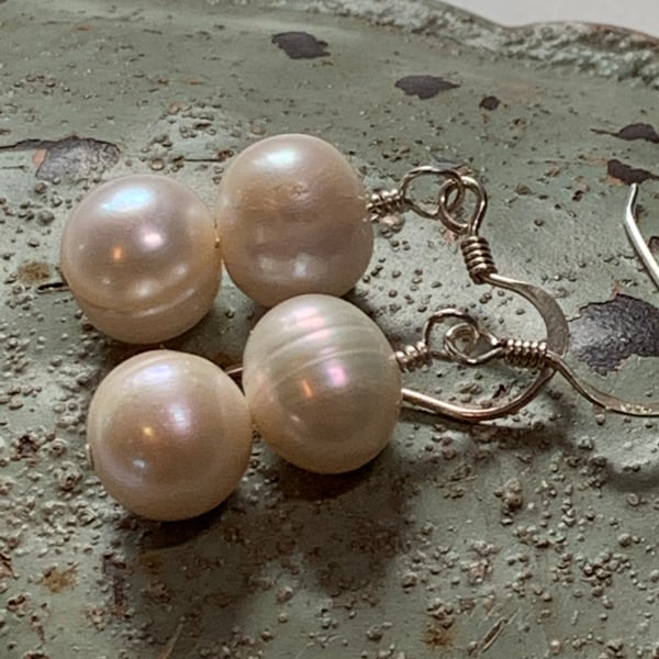  White Baroque Pearl and sterling silver earrings.  Handmade  - FREE UK POSTAGE