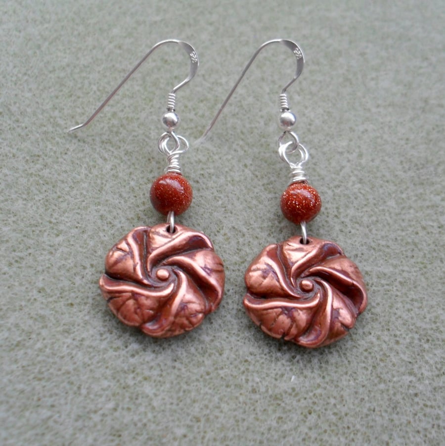 Copper Rose Earrings with Brown Goldstone and Sterling Silver