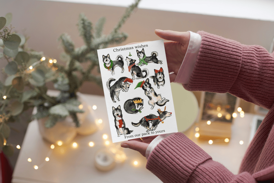 Husky Christmas Card, a6 250gm cardstock with Red envelope, blank inside