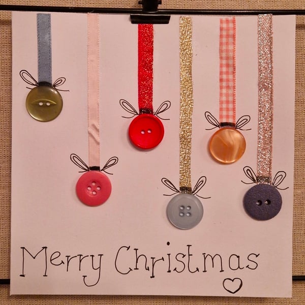 'Merry Christmas' button hanging baubles on ribbon Christmas card-handmade