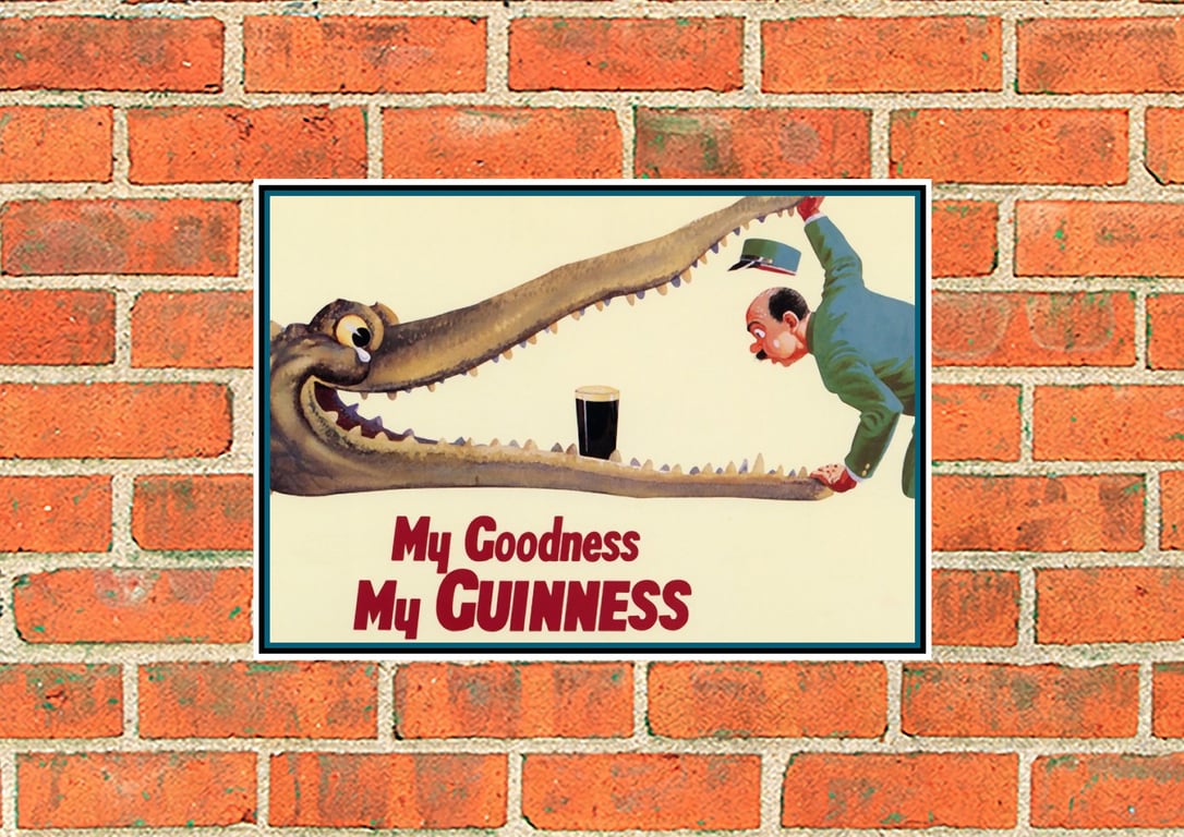 Guinness metal beer sign. Crocodile and Zookeeper. Mancave or Bar