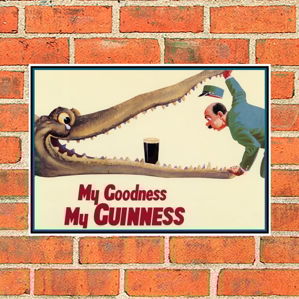 Guinness metal beer sign. Crocodile and Zookeeper. Mancave or Bar