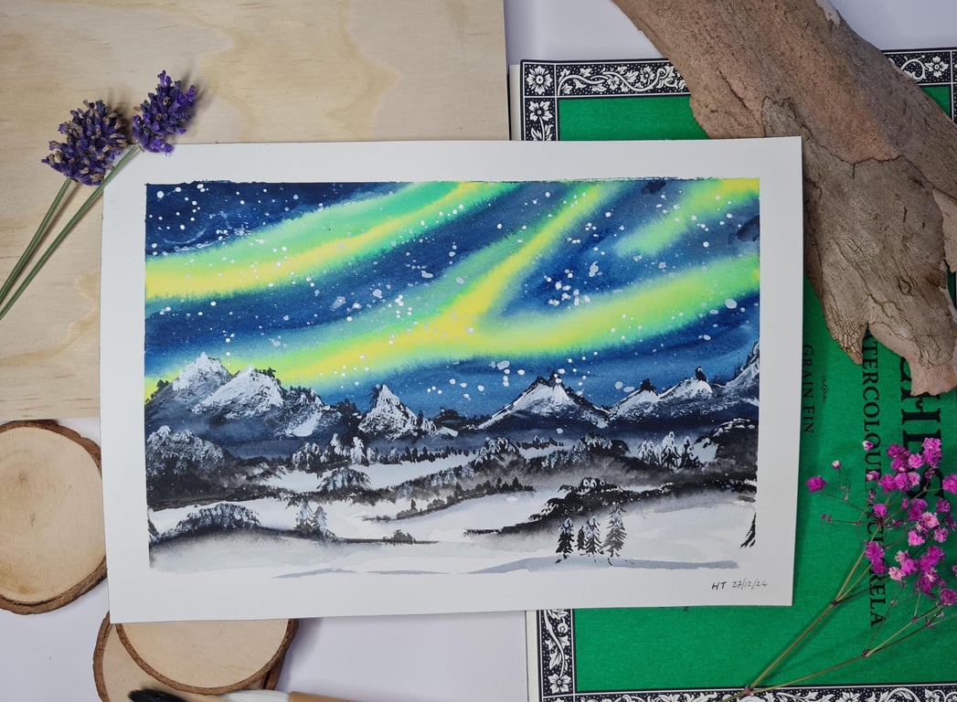 Aurora borealis original watercolour painting, northern lights small landscape a