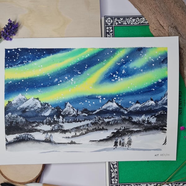 Aurora borealis original watercolour painting, northern lights small landscape a