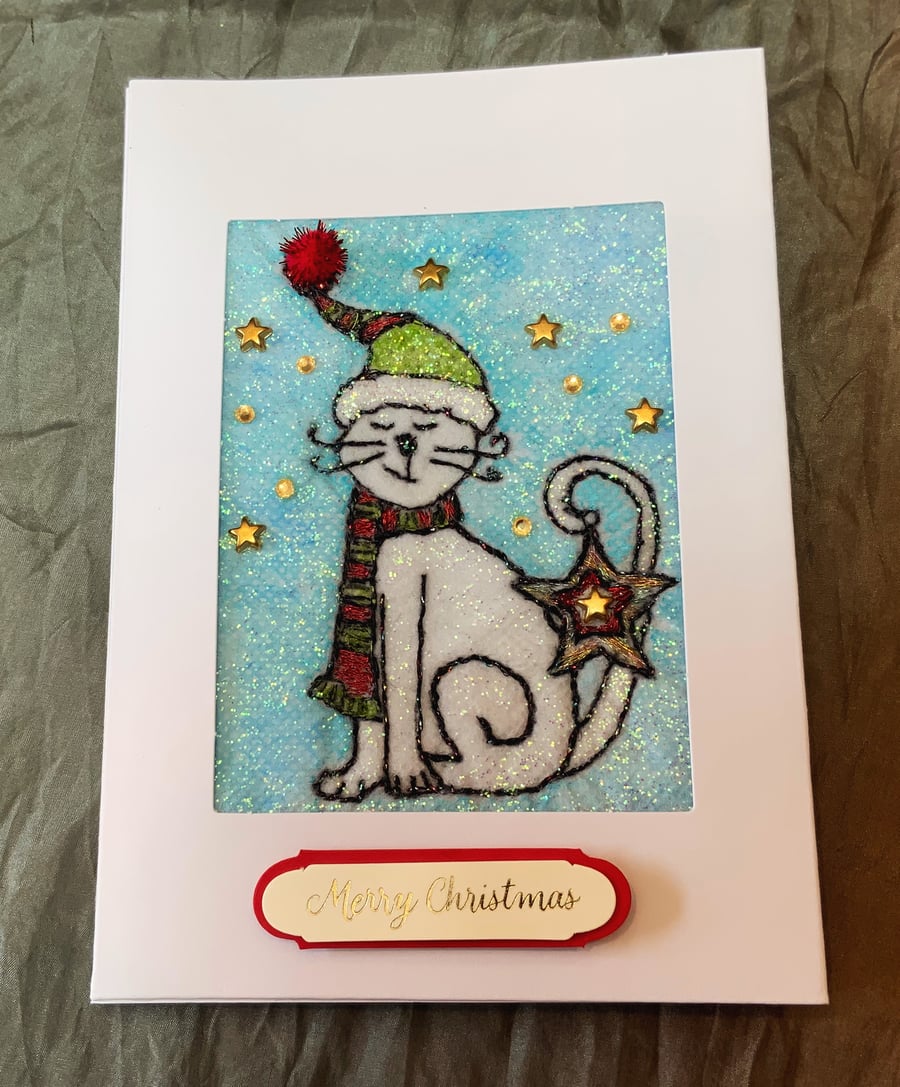   Festive Cat Embroidered Christmas Card.