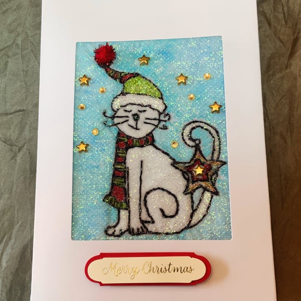   Festive Cat Embroidered Christmas Card.