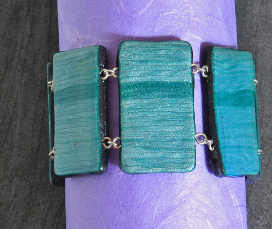 SALE 50% OFF - Bracelet -  Handmade Polymer Clay Tiles In Silvery Teal