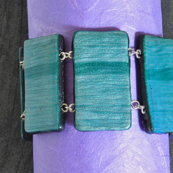 SALE 50% OFF - Bracelet -  Handmade Polymer Clay Tiles In Silvery Teal