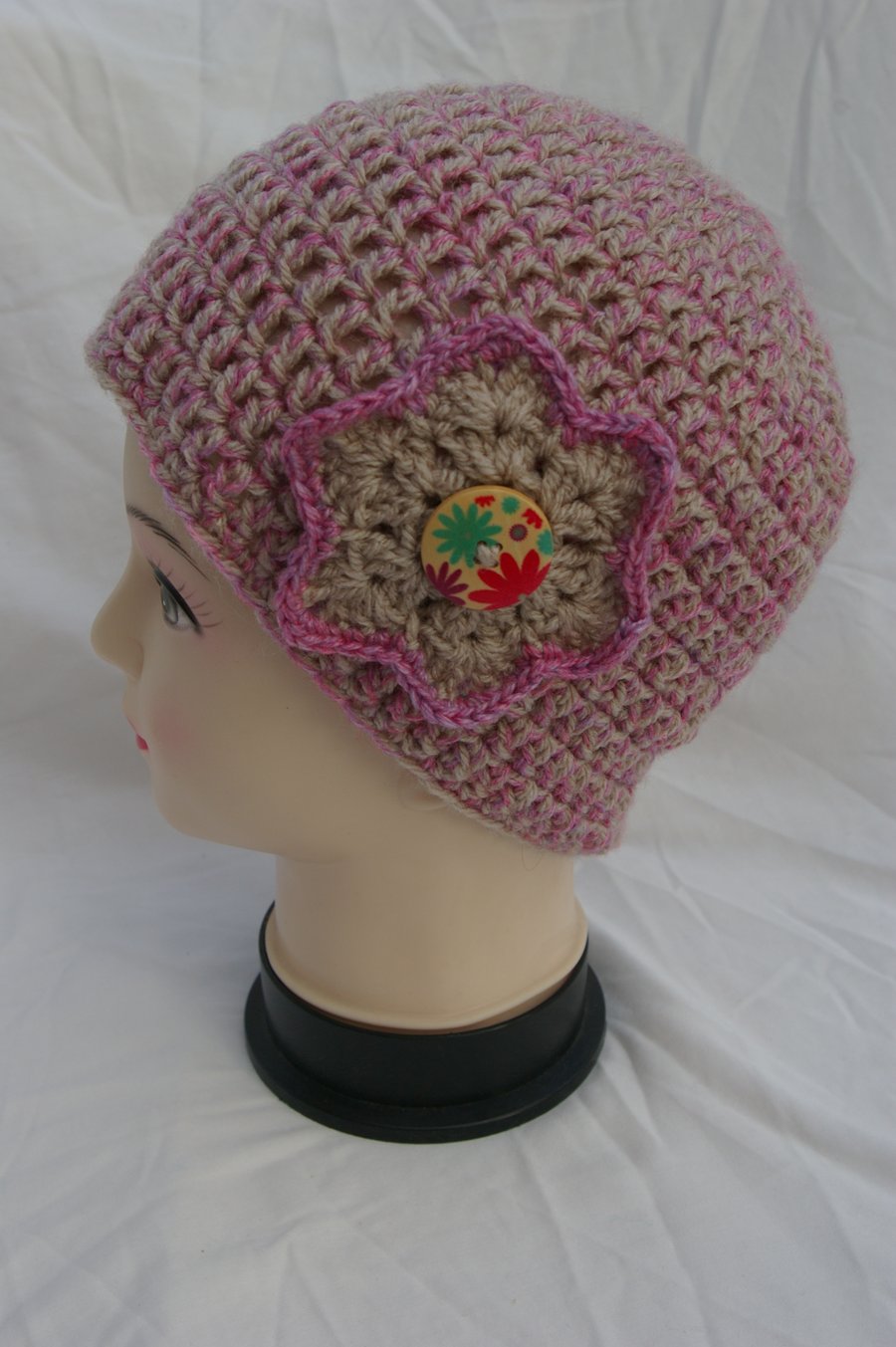 Hat Hand Crocheted in Fawn and Pink with Crochet Flower