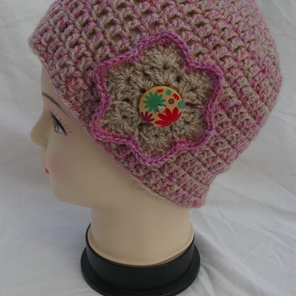 Hat Hand Crocheted in Fawn and Pink with Crochet Flower