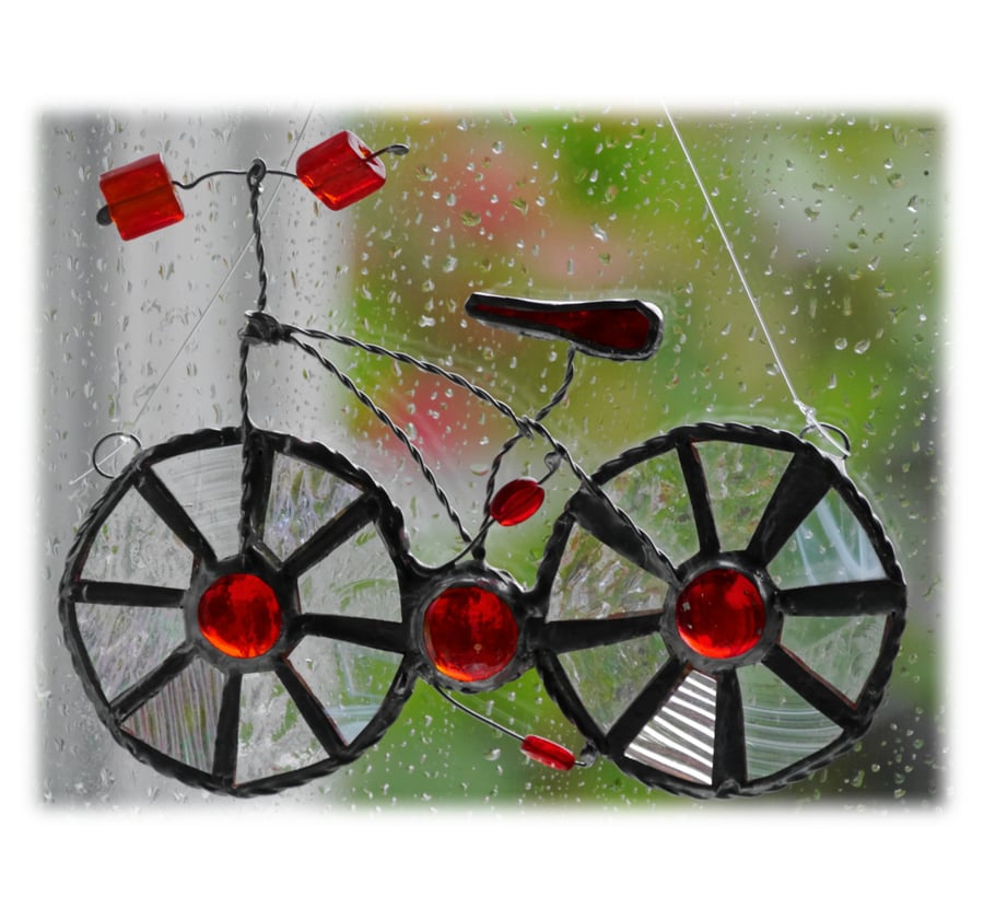Bicycle Suncatcher  Red Stained Glass Handmade 021