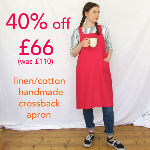 Linen Apron with Comfortable Cross Back Straps. Red Coral. Seconds Sunday