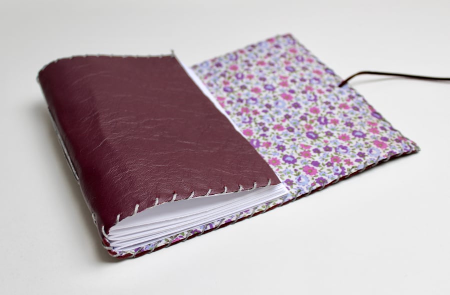 A6 Leather journal notebook purple floral fabric lining plain paper 
